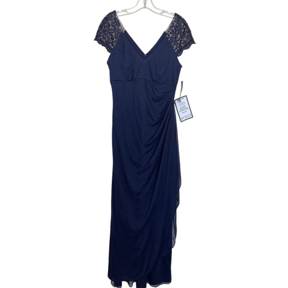 XSCAPE Dress Womens Size 10 P Blue Lsce‎ Embroidered Ruching